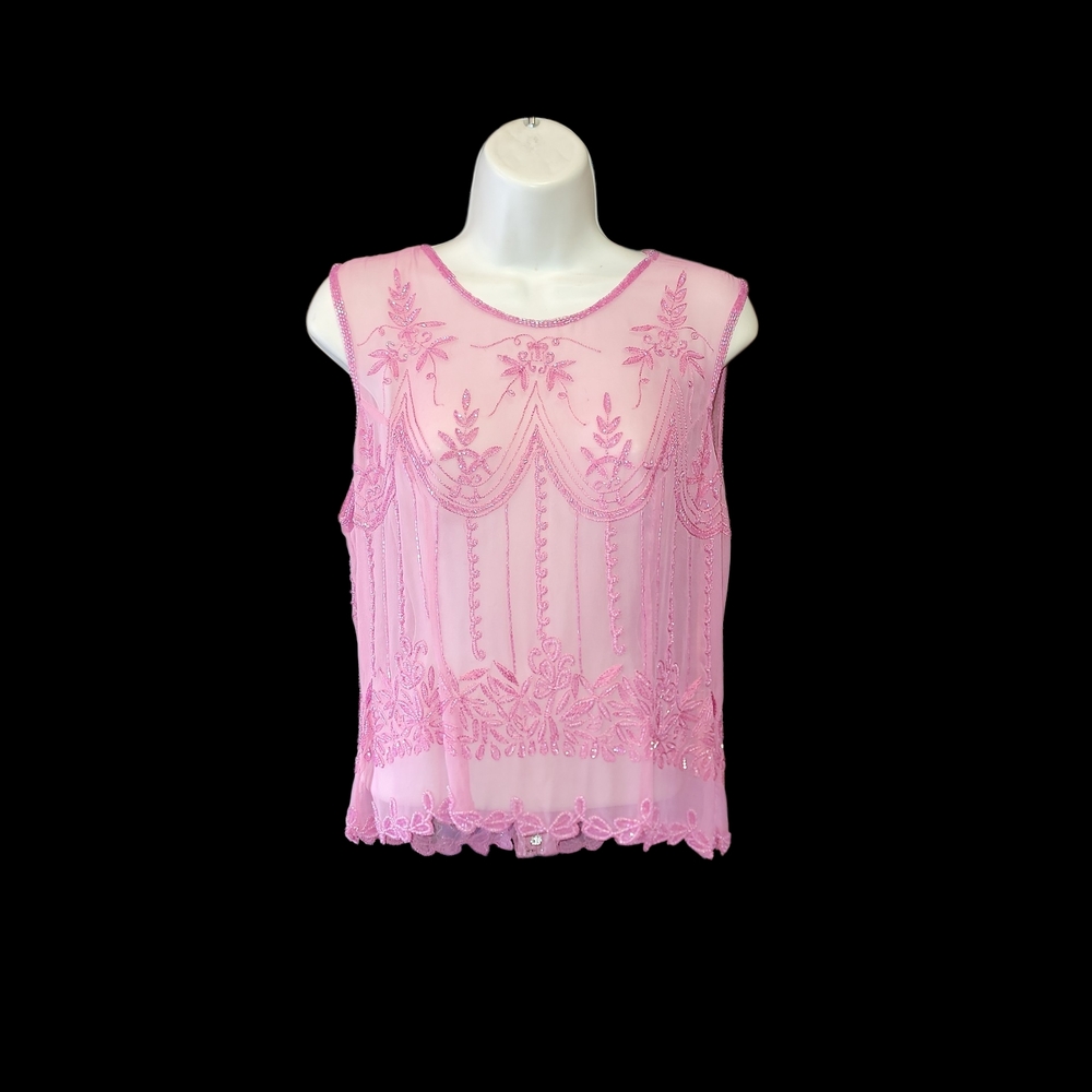 Embroidered Pink Beaded Sleeveless Sheer Top Sz L Handmade